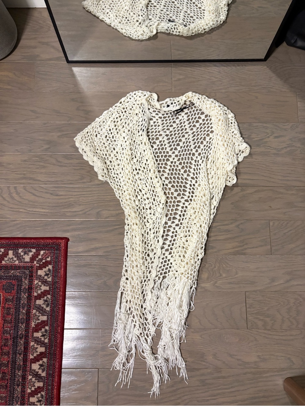 Forever 21 Cream Open-Knit Fringe Midi Length Cardigan